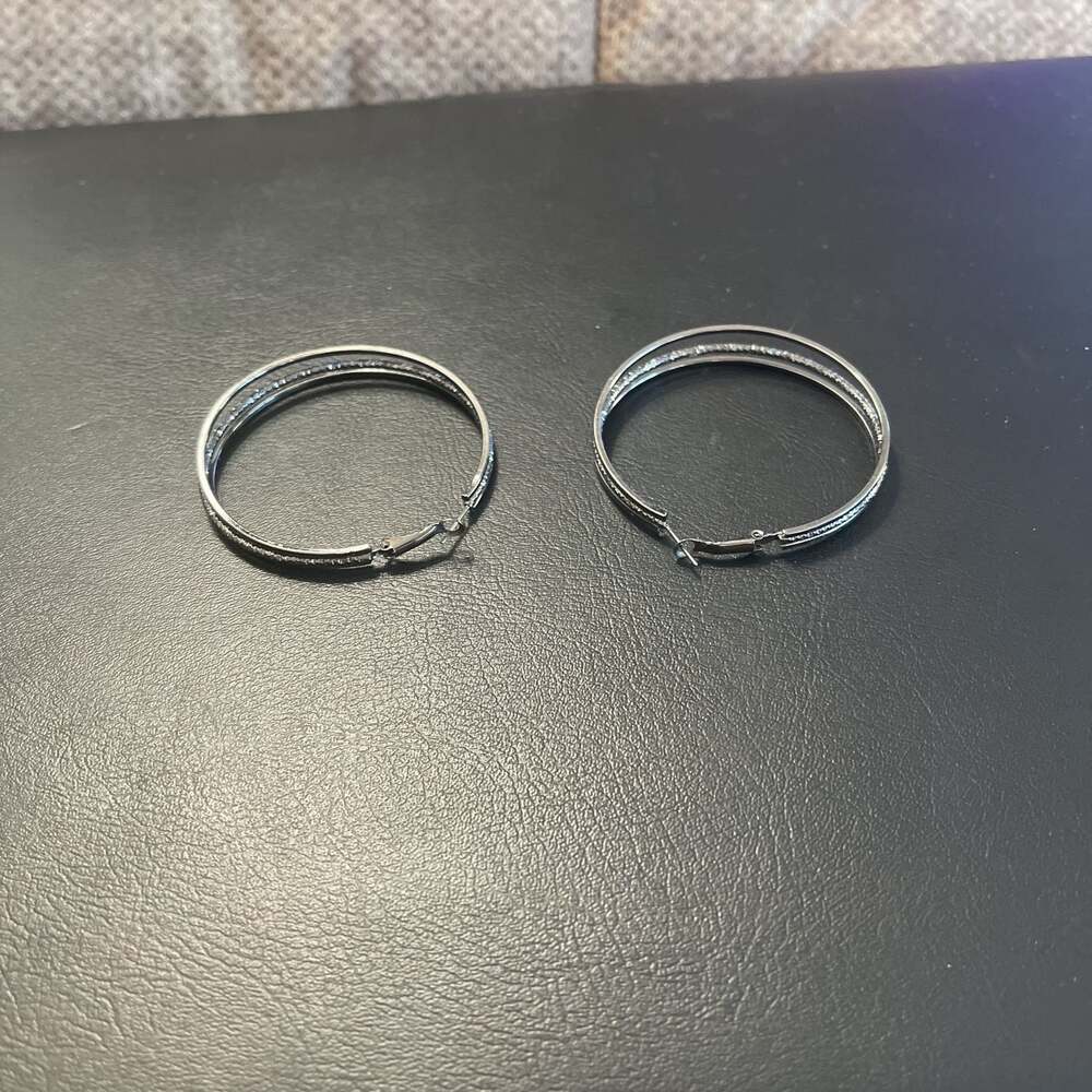 Silver-Tone Double Hoop Earrings with Rhinestone Accents